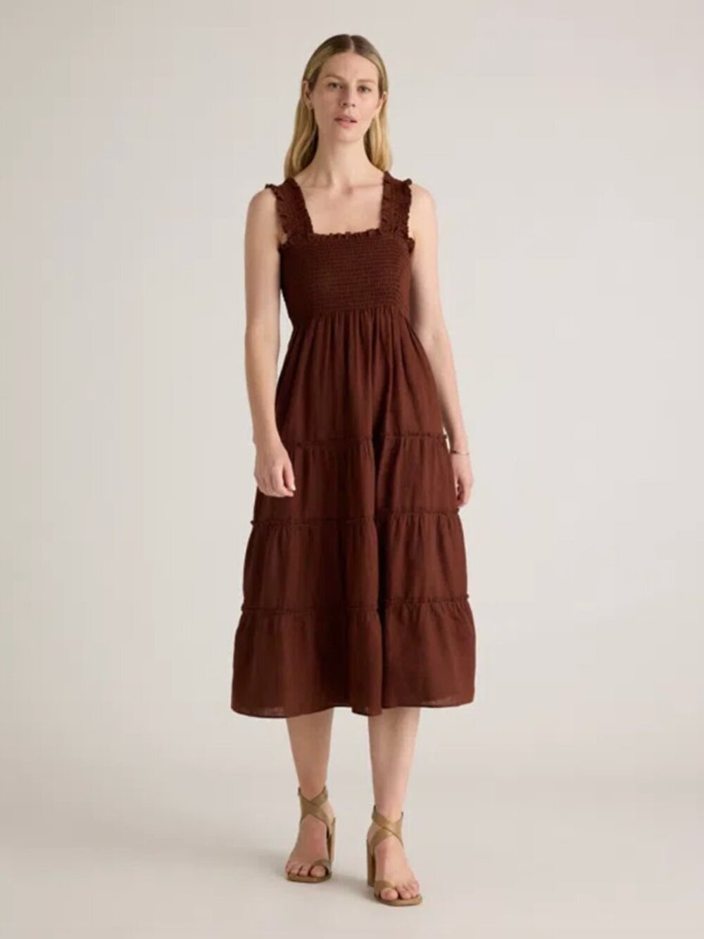 NWT Quince Chocolate Dark Brown European Linen Smocked Tiered Midi Dress